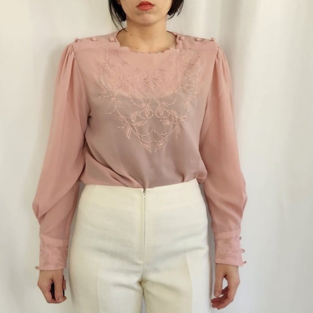 80s/90s‎ Pink Sheer Embroidered Blouse